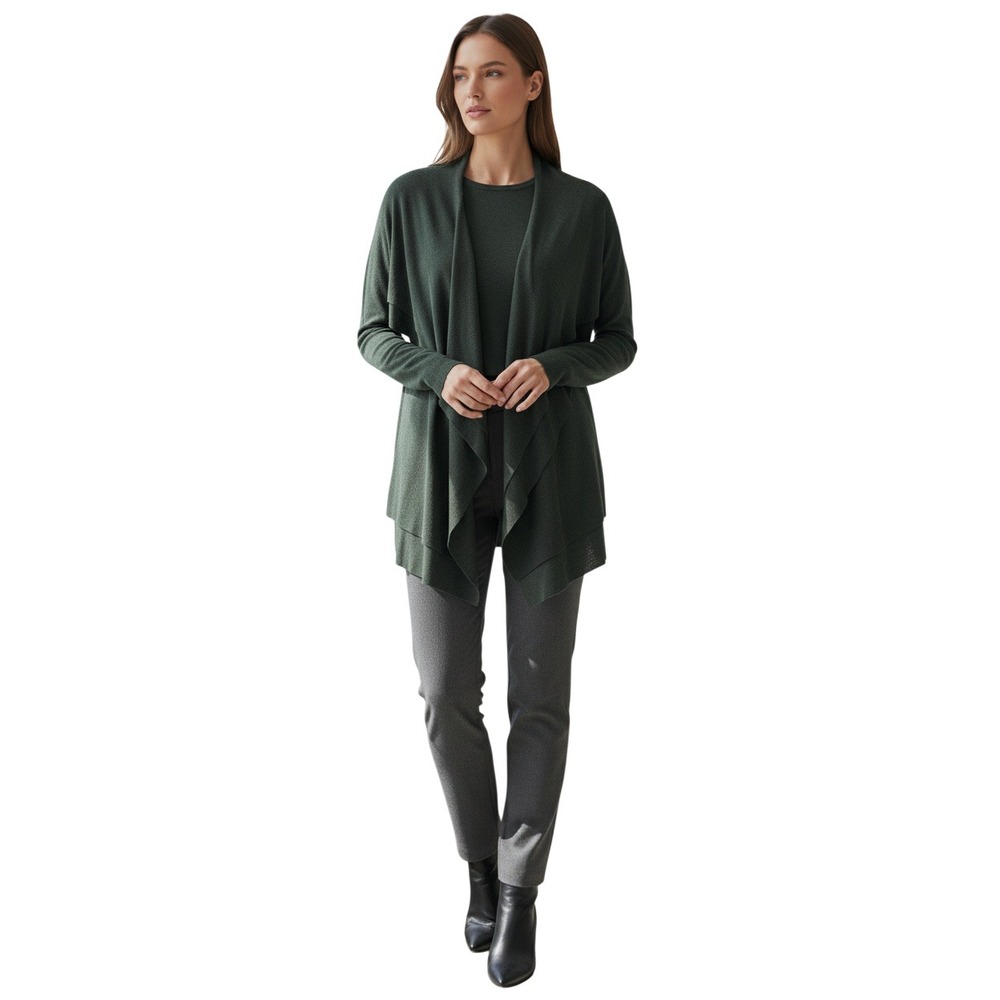 BARNEYS NEW YORK Draped Waterfall Cardigan Olive Green Ribbed Knit Size XS